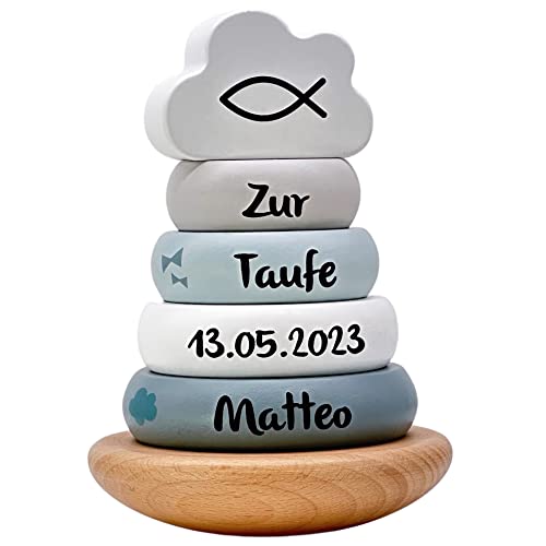 Personalisierte Geschenke zur Taufe I außergewöhnliche Taufgeschenke für Jungen und Mädchen I Stapelturm blau als Taufgeschenk mit Name I niedliche Tauf Dekoration aus Holz