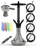 NOBLE HOOKAH Shisha Set 4 Anschlüsse Medium Shisha aus Aluminium und Lederrohr, Shisha 4 Schläuche und Griffe mit Shisha Kopf, Glasschale, schwarz