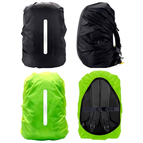 VINEST 2 Stück Regenschutz Rucksack, 25-55L Wasserdicht Rucksack Regenschutz mit Reflektorstreifen, Regenschutz Schulranzen Schwarz Grün, Regenhülle Rucksack für Wandern Camping Radfahren (M(30-40L))