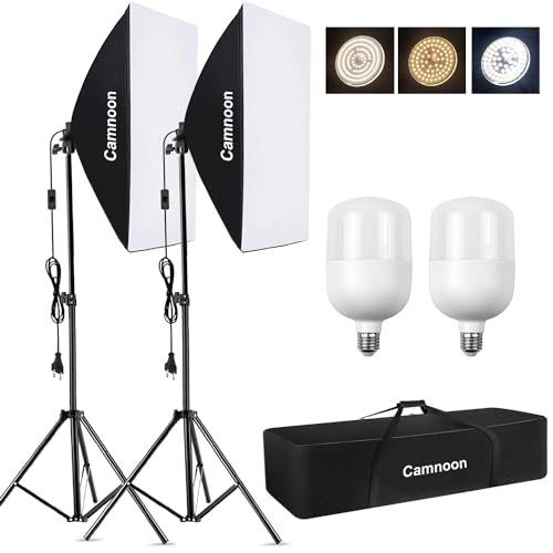 CAMNOON Softbox Set, Fotostudio Licht Set mit 2x106W 5500K Color Temperatur LED Licht, 2x50x70cm Softbox, 2x2M Light Stand, 2 Fernbedienung, Tragetasche, für Studio Portrait Produkt Foto Video