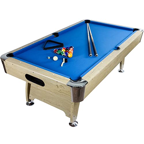 GAMES PLANET 8 ft Billardtisch Premium“ + Zubehör, 9 Farbvarianten, 244x132x82 cm (LxBxH), helles Holzdekor, blaues Tuch