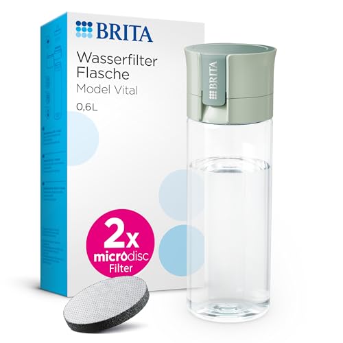 BRITA Wasserfilter Flasche Model Vital hellgrün (600ml) inkl 2 MicroDisc Filter – Praktische Trinkflasche mit Wasserfilter für unterwegs, filtert Chlor & Bakterien beim Trinken/spülmaschinengeeignet