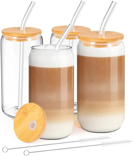 MEIMUCUL Trinkgläser mit Deckel und Strohhalm,Cocktailgläser Eiskaffee Gläser 500ml,Iced Coffee Glas,Glasbecher mit Deckel und Strohhalm ideal für Smoothie,Latte,Macchiato,Whiskey,Geschenk (4Pack)