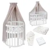 Waldin Oval Baby-Bett Mitwachsend Komplett Set 7in1, Gitterbett, Kinderbett mit Matratze, Wickelkommode, Beistellbett, Holz Weiß, Stoffe Taupe Zweige