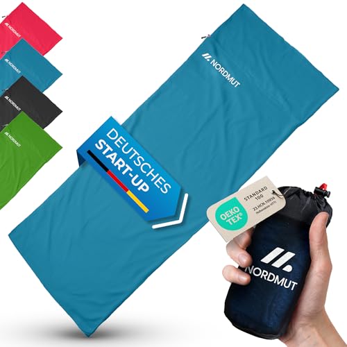 NORDMUT® Hüttenschlafsack Baumwolle Ultraleicht - Sommerschlafsack Kleines Packmaß & Atmungsaktiv - Schlafsack Dünn & besonders weich inkl. Kissenfach [220 x 90 cm]
