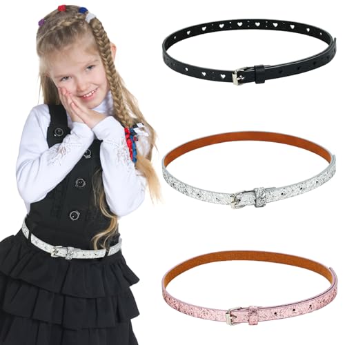Scettar 3 Stück Dünner Gürtel Für Mädchen, Verstellbarer Glitzergürtel, PU Leder Kinder Gürtel Mädchen, Kinder Skinny Gürtel, Kindergürtel Für Kleider Jeans Hose
