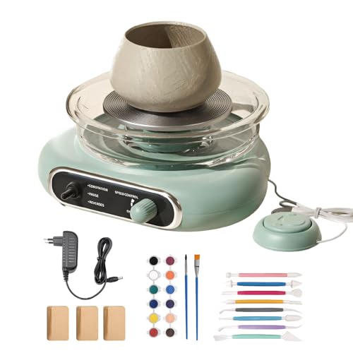 YCBTREE Elektrische Töpferscheibe mit stufenloser Geschwindigkeit & Fußpedal-Stopptaste - 12cm Pottery Wheel + 8-teiliges Zubehörset - Töpferset für Zuhause (Grün)