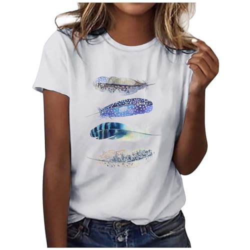 Damen Tshirt Elegant, Sommer Oberteile Damen, T Shirts Rundhalsausschnitt Kurzarm Sommershirts Klassisch Bedrucken Tops Freizeit Locker Blusen Atmungsaktiv Leichte Longbluse Vielseitig Urlaub