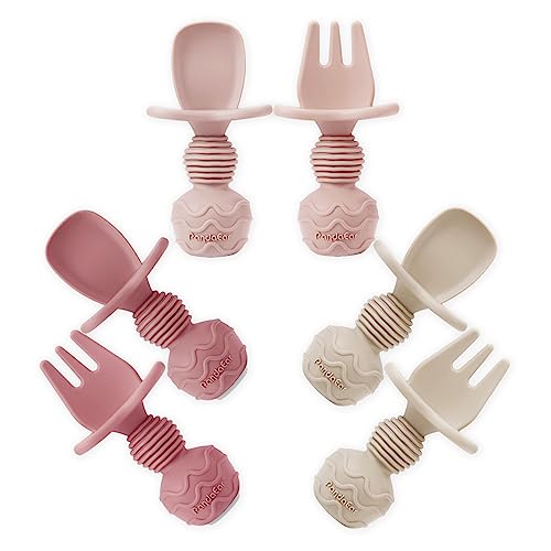 PandaEar 6er Pack Silikon Babylöffel und Gabel Baby Besteck Set - Lernlöffel Baby Selbst Essen Esslernbesteck ab 3 Monaten - Kinderlöffel blw Baby LED Weaning Zubehör - Rosa