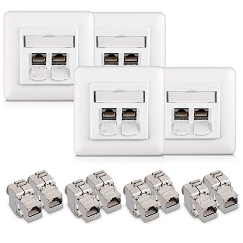 kwmobile Keystone Dose Modul Set - 8X Keystone Modul 4X Netzwerkdose CAT 6A Kabel - 10Gibt/s geschirmt Metall Gehäuse RJ45 Schnappverschluss