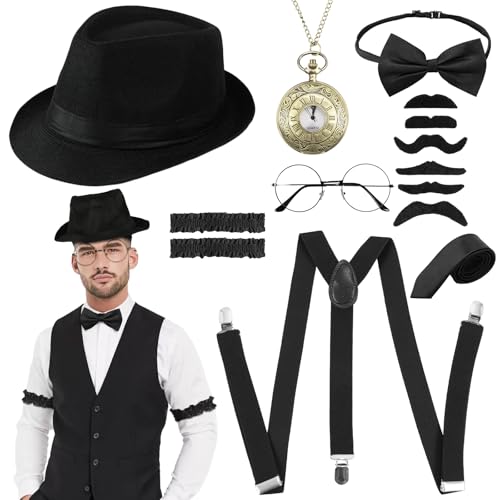 Moiuguli 20er Jahre Kostüm Herren Weste Hemd mit Accessories, Mafia Kostüm Herren, Peaky Blinders Kostüm, Gangster Kostüm für Karneval Partys(L)
