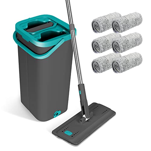 Masthome Wischmopp Set mit Eimer,2 In 1 Putzeimer mit Wischmop,Flacher Bodenwischer mit 6 Mikrofaser-Wischpads Hand-Frei Mopp Set und Eimer für Hartholz, Fliesen, Laminat, Marmor, Bodenreinigung