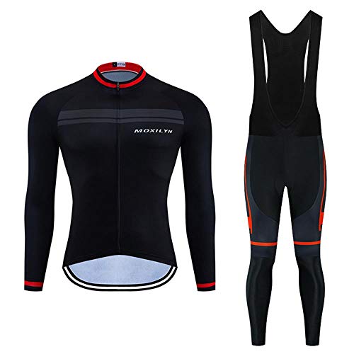 Moxilyn Herren Radtrikot Set Langarm Pro Radfahren Kleidung Reiten Quick Dry Jacke + Radfahren Lätzchen mit 9D Pad - - Groß