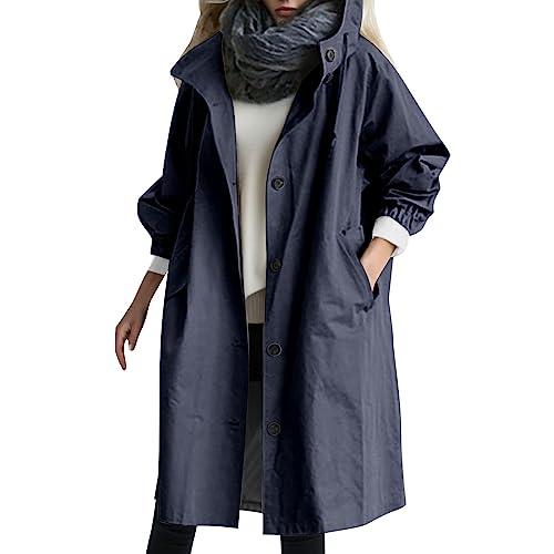 Beokeuioe Damen Trenchcoat Oversized Mantel Lang Umlegekragen Windjacke Einfarbig Damenmantel Übergangsmantel mit Taschen und Knöpfen Jacke Outwear Windbreaker Leicht Kapuzenjacket