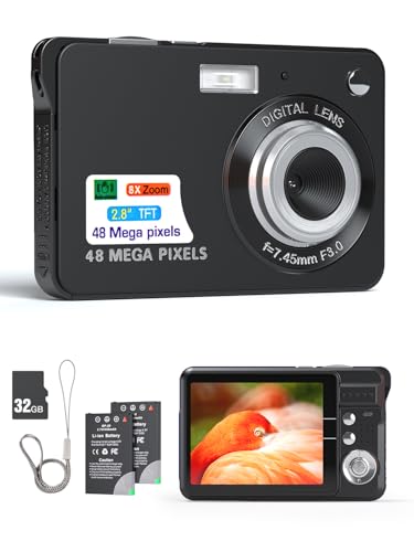 Andoer Digitalkamera,48 MP, 2,8-Zoll-TFT, Autofokus,16-facher Digitalzoom, Anti-Shake-Funktion, Gesichtserkennung, Lächeln-Aufnahme, mit 2 Akkus, 32 GB TF-Karte Fotokamera für Kinder