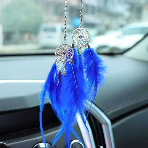 Mini-Traumfänger, Auto-Innenspiegel, Hängedekoration, Feder-Traumfänger, Boho-Hängeornamente, Kristall-Charm-Anhänger, Zubehör, Geschenk für Mädchen (Königsblau)