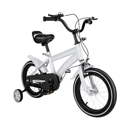 LKHDONG 14 Zoll Kinderfahrrad, für ab 3-7 Jahre Jungen & Mädchen, Höhenverstellbares Ausbildungsfahrzeuge, Fahrrad für Kinder mit Stützräder und Duales Bremssystem (Weiß)