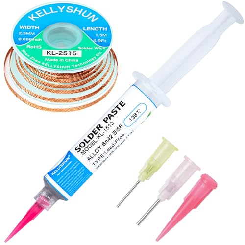 KELLYSHUN KL-1513 Lötpaste,Sn42%,Bi58% Bleifreie Lötpaste, 138℃ Niedrigschmelzende Lötpaste 30g(1 Stück)2.5MM/1.5M Entlötlitze(1 Stück) Für SMT BGA Telefon IC LED