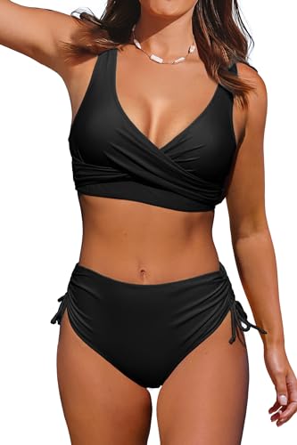 Beachsissi Damen Hoch taillierte Badeanzüge Criss Cross Drawstring Side Bikini Sets Lace Up 2 Stück Badeanzüge, Schwarz, L