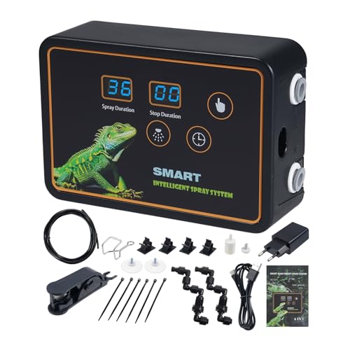 Luftbefeuchter Reptilien, Intelligentes Beregnungsanlage Terrarium, 2 Sprühdüsen, 360°-Einstellung, Haken oder Saugnapf, zeitgesteuertes Sprühen für Reptilien/Amphibien/Pflanzen/Blumen/Regenwald