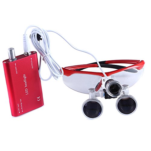 BoNew Tragbares chirurgisches Fernglas für die Zahnarzt, 3,5-fache Vergrößerung, optisches Glas, mit/ohne Kopf, LED-Licht, Rot (mit LED-Licht)