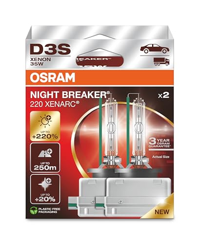 OSRAM XENARC NIGHT BREAKER 220, D3S, 220% mehr Helligkeit, Xenon-Scheinwerferlampe, 66340XN2-2HB, Faltschachtel (2 Lampen)