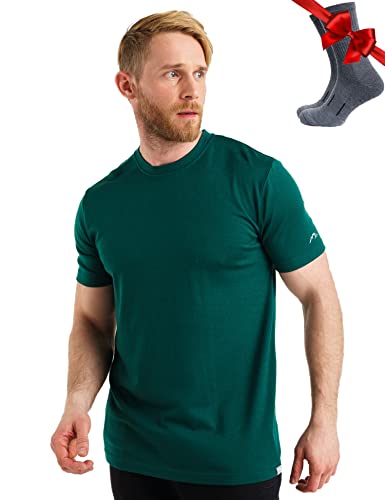 Premium Merino Shirt Herren Kurzarm - Atmungsaktiv 100% Merinowolle Tshirt Herren + Wanderwollsocken (Large, Emerald Green)