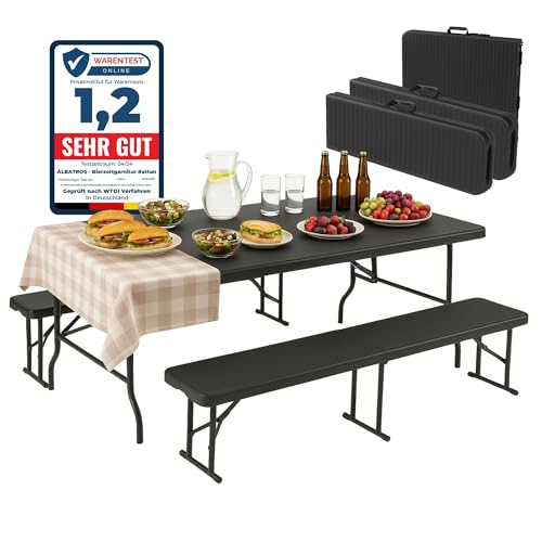 Albatros Bierzeltgarnitur 3-teilig – Tisch & 2 Bänke klappbar – Rattan-Optik, wetterfest, 10 Personen – Outdoor Sitzgruppe, 182 cm, belastbar bis 500 kg, schwarz