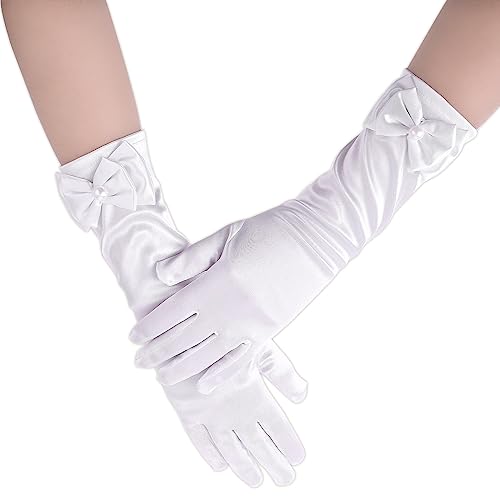 Yolev Mädchen Hochzeit Handschuhe für Blumenmädchen Weiße Satin Kleider Handschuhe Lange Formelle Schleife Handschuhe für Erstkommunion Geburtstag Festzug Urlaub Maskerade