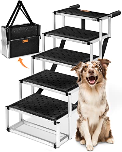 PFOTENKÖNIG Hundetreppe Auto [bis 70kg] - ultraleichte Premium Hunderampe Auto klappbar - Einstiegshilfe Hund Auto sehr stabil und kompakt - Hundetreppe faltbar 55-85cm - Für alle Autos