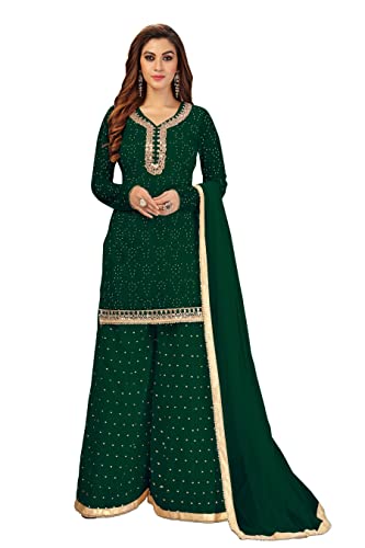 TRENDMALLS Damen Baumwolle Stickerei Salwar Anzug Set Kurta Sharara mit Dupatta Kurta Palazzo Set genäht bereit zum Tragen, Dunkelgrün, M