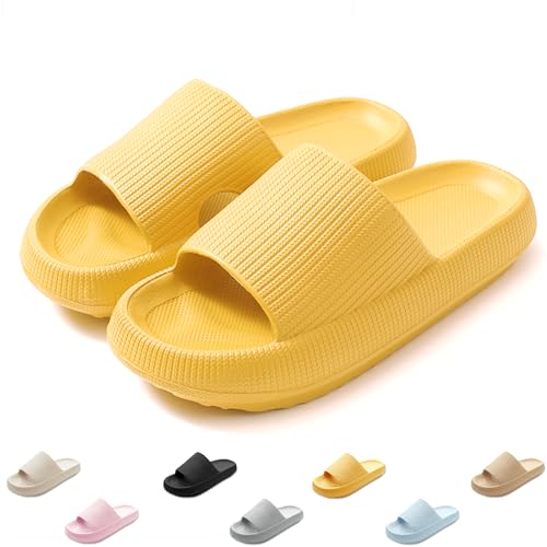 QJJQ Badeschuhe Herren Damen Cozislides Original Slippers Wolke Schlappen Super Weich rutschfest Badelatschen Hausschuhe Sommer Pantoletten Badeschlappen Flip Flops,Gelb, 38-39 EU