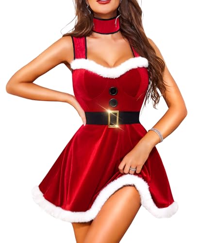 RSLOVE Weihnachts Dessous Damen Babydoll - Sexy Santa Kostüm Weihnachtskleid für Damen Nachtwäsche Nachthemd Rot L