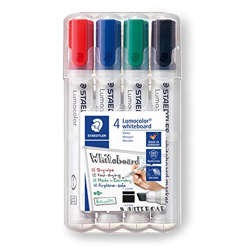 STAEDTLER Whiteboard-Marker Lumocolor, Rundspitze ca. 2 mm Linienbreite, Set mit 4 Farben, hohe Qualität Made in Germany, trocken und rückstandsfrei abwischbar von Whiteboards, 351 WP4