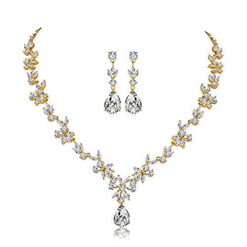 Shuxin Hochzeit Schmuckset für Damen, Gold-Ton Halskette & Ohrringe & Set, Weißgold Plattiert Blumen Braut Schmuck Set mit 5A Weiß Zirkonia, Allergenfrei Hochzeitsschmuck für Braut Brautjungfern