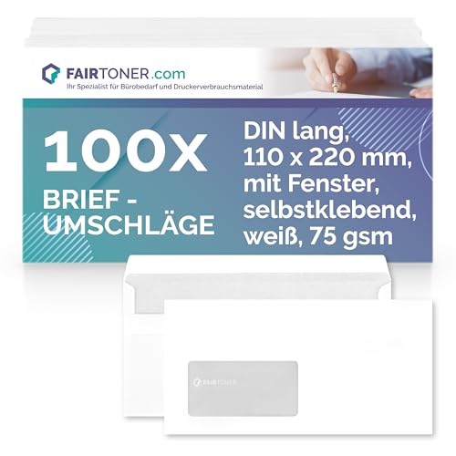 FairToner Briefumschlag DIN Lang Selbstklebend, (100 Stück) mit Innendruck in Folienpackung-eingeschweißt, weiß mit Sichtfenster