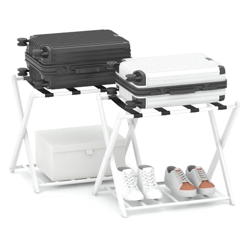 COSTWAY Kofferständer klappbar, 2 er Set Gepäckablage mit 2-Stöckiger Design, Kofferbock Gepäckständer Metall, Kofferablage für Schlafzimmer, Gästezimmer, Hotel (Weiß)
