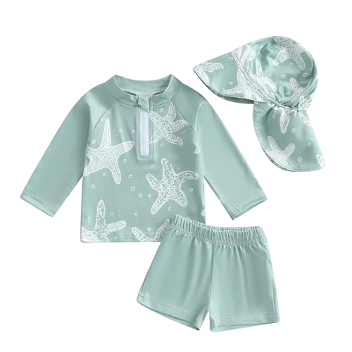Baby-Badeanzug für Jungen, 3-teilig, UV-Schutz, Langarm-T-Shirt + Badeshorts + Sonnenhut, Badeanzug, Schwimmbad, Strand, Seesterngrün, 18-24 Monate