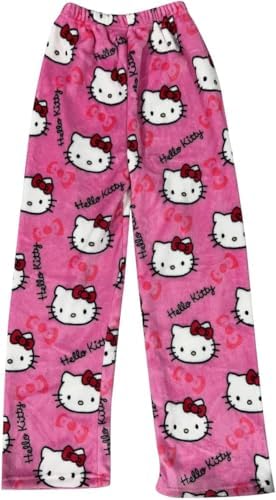 Pyjama Hose Kitty Schlafanzug Damen Pyjamas Hosen Lang Flanell Pyjama Hose Damen Schlafhose Weich Kawaii Pyjamas Anime Bequeme Schlafanzughose Frauen Anime Cartoon Casual Herbst-Winter (pink, S)