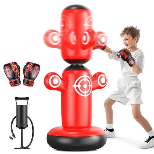 QPAU 360° drehbarer Boxsack für Kinder, Lager 162.6 cm Kinder Boxsack mit Handschuhen, Handpumpe & 6 Zielen, Bop Bag Aufblasbares Boxspielzeug, Karate Geschenke für Jungen, Mädchen