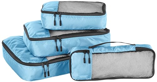 Amazon Basics Packwürfel Set für Koffer, Reise Organizer, Reißverschluss, 4 Teilig, Groß, Mittelgroß, Klein, Schmal, Himmelblau