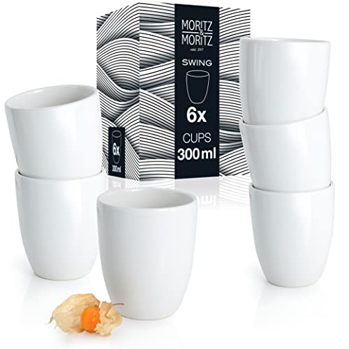 Moritz & Moritz 6tlg Swing Kaffeebecher Set 300 ml – Kaffeetasse ohne Henkel aus Keramik Weiß – als Cappuccino Becher Latte Macchiato Becher oder Teetasse ohne Henkel – Made in Portugal