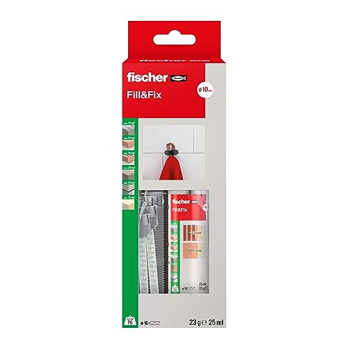 fischer Fill & Fix, Flüssigdübel und Reparaturmasse für ausgerissene Bohrlöcher und Reparaturen ausgebrochener Möbelscharniere in zahlreichen Baustoffen im Innen- und UV-geschützten Außenbereich