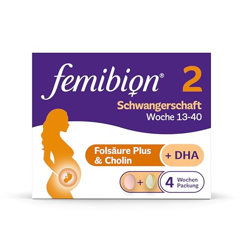 Femibion 2 Schwangerschaft, Tägliches Nahrungsergänzungsmittel für SSW 13-40, Mit Folsäure Plus(*3), Cholin, DHA, 4-Wochen-Pack, 2x 28 Stück