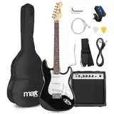 Max GigKit E Gitarre Set, E Guitar, Elektrogitarre mit Verstärker 40 Watt, Gitarrentasche, Plektrum, Gurt, Stimmgerät, Instrumentenkabel, Ersatzsaiten, 4/4, in Schwarz