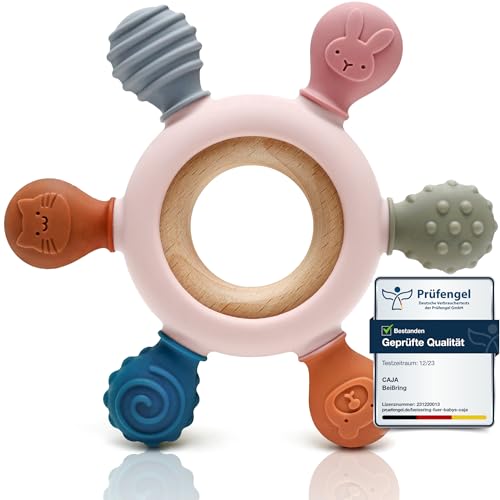 CAJA Beißring Baby - Beißspielzeug Zahnungshilfe aus Silikon & Holz, Baby, BPA-frei, Tiermotive, Zahnen & Greifring für Babys - Sicheres Baby Spielzeug (Pink)