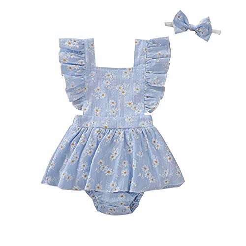 Rüschenkleid Gänseblümchen-Baby-Sommer-Spielanzug-Mädchen-Bodysuit-Baby-Blumen-Mädchen-Spielanzug&Jumpsuit Set Body (Blue, 12-18 Months)