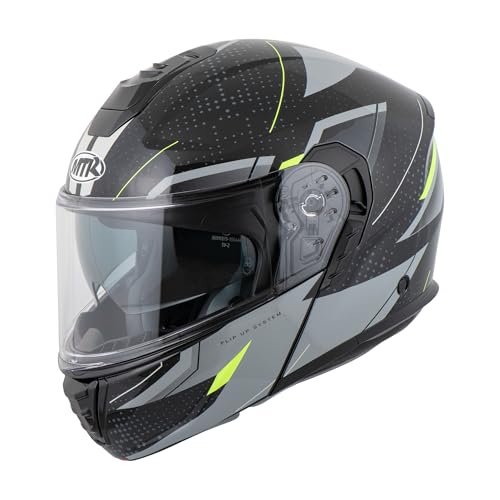 MTR K-4 Evo Klapphelm, als Jethelm & Integralhelm ECE 22.06 Geprüft, Motorradhelm mit Sonnenvisier, Mopedhelm mit Komfort-Innenfutter, Motorradhelm Herren & Damen, Fusion Grau/Neongelb, M