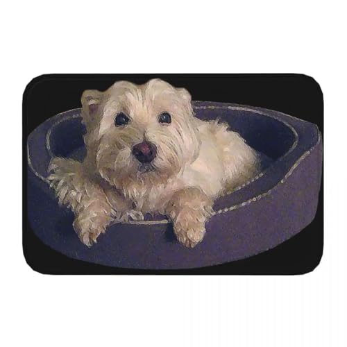 FußmatteWestie West Highland Terrier Hund Niedliche Fußmatte Happy Westie In Doggie Bed Wohnzimmer Schlafzimmer Matte Teppich Indoor Waschbare Fußmatte Eingang Fußmatte Home Dekoration (60X90CM)