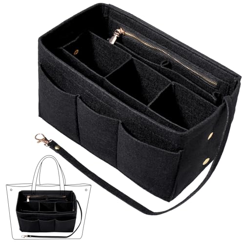 Fentar Handtaschen Organizer, Filz Taschenorganizer mit Mehrere Fächer, Organizer Tasche, Langlebig Taschenorganizer Shopper mit Reißverschluss, Innentaschen für Handtaschen (27x16x15cm, Schwarz)